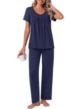 Women's Navy Blue Flowers Loungewear 2 Piece Pajama Sets Sleepwear with Pockets